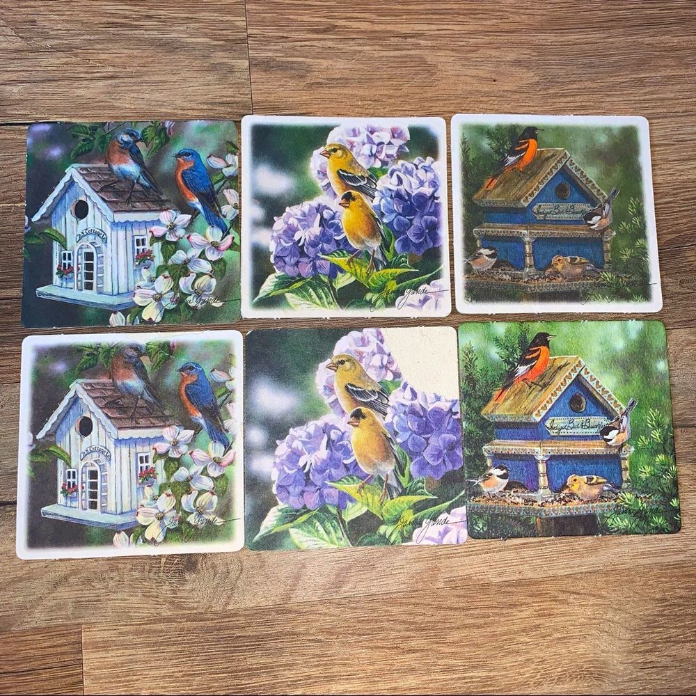 Vintage Bird Floral Birdhouse Print 6pc Matching Coaster Set
